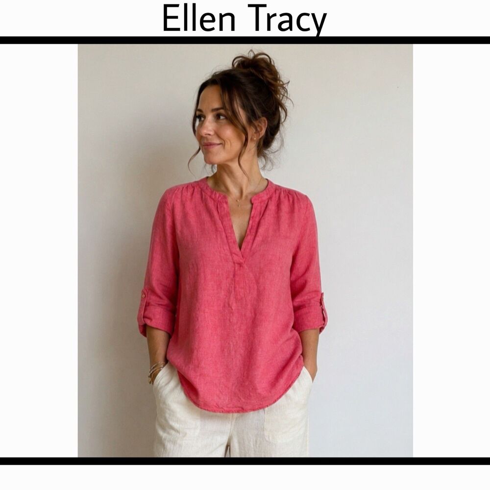 Ellen Tracy Linen Tunic Top Split V-Neck Roll Tab Sleeves Large Coral